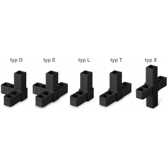 Spojka hliníkových profilů typ L s pravoúhlým vývodem, černá, pro spojení čtyřhranných profilů 20x20x1,5mm