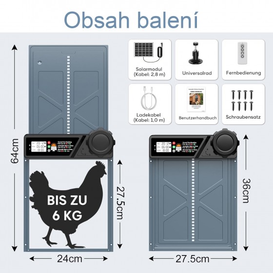 Automatická dvířka kurníku Chamuty Solar 7W, hliníková dvířka, světelný senzor, časovač, dálkové ovládání