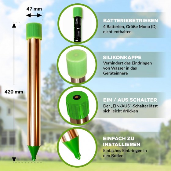 Odpuzovač krtků, hadů, myší, krys a hrabošů Isotronic, 2 kusy, napájení na baterie 4xD20, dosah až 1250 m2