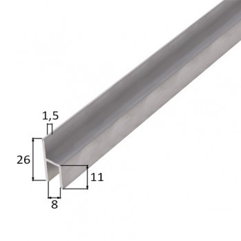 Hliníkový profil H, 26 x 11 x 1,5 x 8 mm, 100 cm, stříbrný