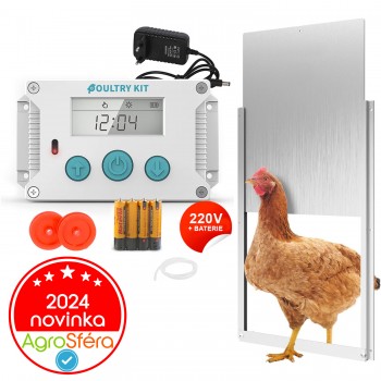 Automatická dvířka kurníku - strojek Poultry kit Premium 230V + 4x baterie AA, otevírání a zavírání vertikálních dvířek