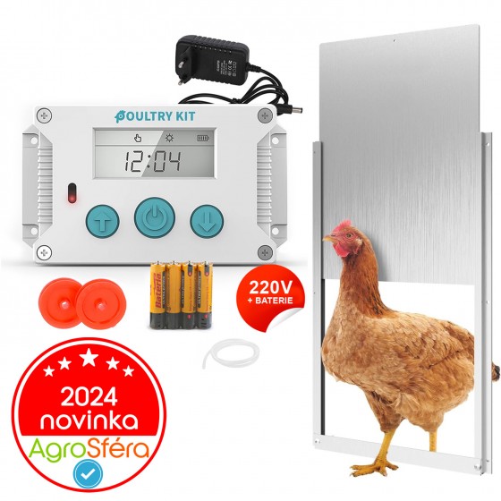 Automatická dvířka kurníku - strojek Poultry kit Premium 230V + 4x baterie AA, otevírání a zavírání vertikálních dvířek