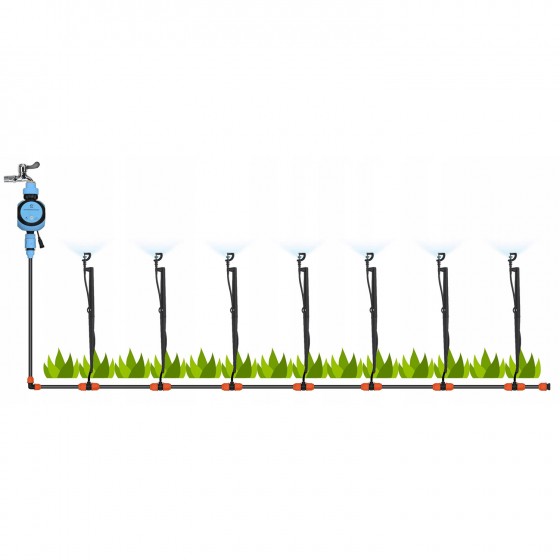 Zavlažovací sada 15m 9x12mm + 10m 4x7mm hadička, 15x mikrozavlažovač s kolíkem, 360 stupňové stříkání 