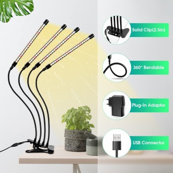 Growlight lampa na rostliny 4 ramena, 40W 80 LED s klipsem, 10 výkonů osvětlení, 3 režimy