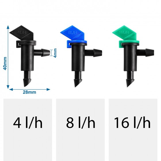 Tryska kapkovače regulovatelná až na 16 litrů/hodinu, regulovatelná koncovka pro kapkové zavlažování, 1 kus