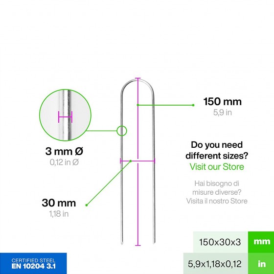 Kolík - kotva na mulčovací textilii a hadice, délka 15cm, šířka 30mm, Ø 3,0mm, 50 kusů