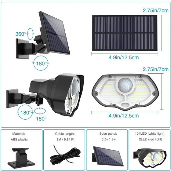 Zahradní solární světlo s detektorem pohybu, 106 LED, 3 režimy, 2200 mAh 