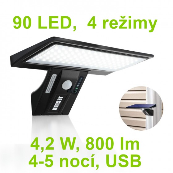 Zahradní solární světlo s detektorem pohybu, 90 LED, 4 režimy, USB, 800 lm, 2600 mAh