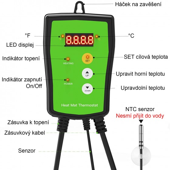 Digitální termostat Heat Mat pro skleníky, regulace až 1000 W, výkon k regulaci až 4,3 A,  20~42 °C