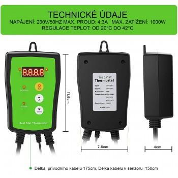 Digitální termostat Heat Mat pro skleníky, regulace až 1000 W, výkon k regulaci až 4,3 A,  20~42 °C