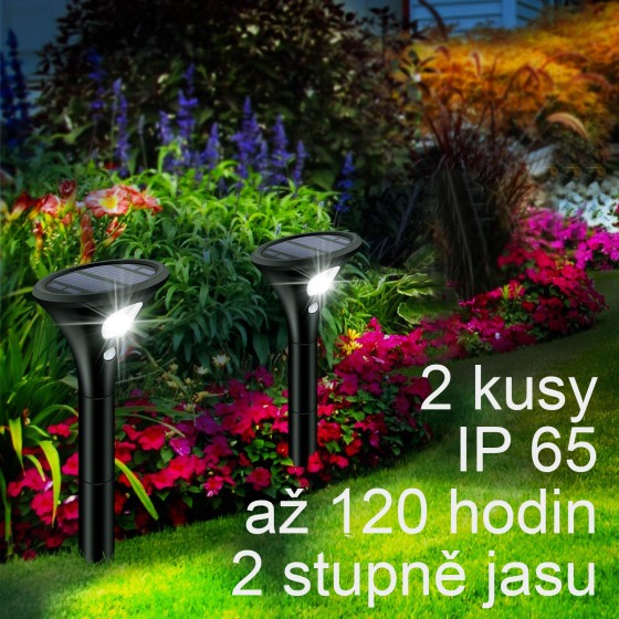 Zahradní solární lampa s detektorem pohybu, 2 kusy, 2 režimy, 2 W,1500 mAh