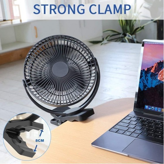 Ventilátor pro skleník 20 cm s baterií 10000 mAh, přenosný tichý USB ventilátor, 4 rychlosti, silný proud vzduchu