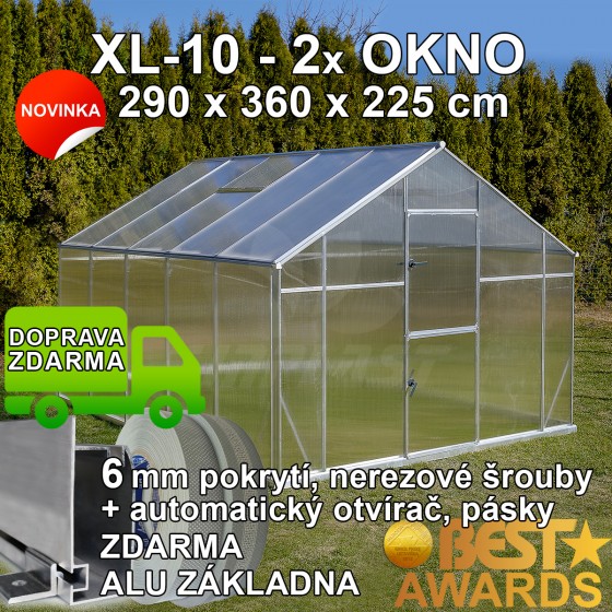 Skleník GAMPRE SANUS XL-10, 290 x 360 cm, 6 mm, originální zahradní skleník + zdarma otvírač, pásky a svorky