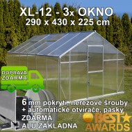 Skleník GAMPRE SANUS XL-12, 290 x 430 cm, 6mm,  originální zahradní skleník + zdarma otvírače, pásky a svorky