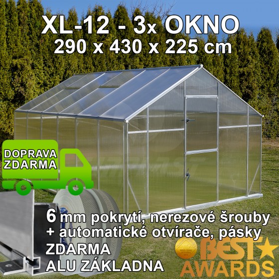 Skleník GAMPRE SANUS XL-12, 290 x 430 cm, 6mm,  originální zahradní skleník + zdarma otvírače, pásky a svorky