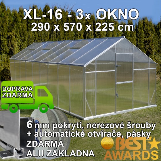 Skleník GAMPRE SANUS XL-16, 290 x 570 cm, 6mm, originální zahradní skleník + zdarma otvírače, pásky a svorky