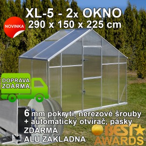 Skleník GAMPRE SANUS XL-05, 290 x 150 cm, 6 mm, originální zahradní skleník + zdarma otvírač, pásky a svorky