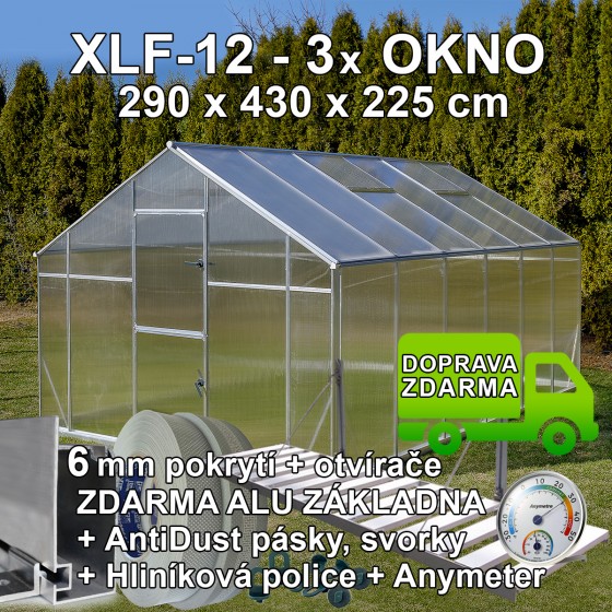 Skleník GAMPRE SANUS XLF-12, 290 x 430 cm, pokrytí 6mm + zdarma otvírače, svorky, páska, police a teploměr