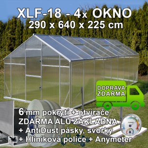 Skleník GAMPRE SANUS 290 x 640 cm, XLF-18, 6mm + zdarma otvírače, svorky, páska, police a teploměr