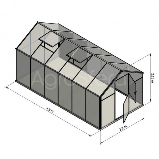 Skleník SANUS HYBRID L-10, 220 x 430 cm, kalené sklo 4 mm + 6 mm polykarbonát