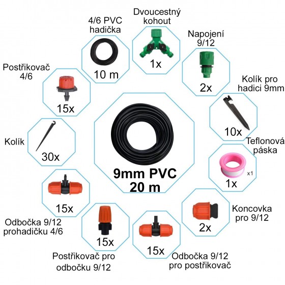 Zavlažovací sada 20m 9mm + 10m 6mm hadička, 30 regulovatelných trysek
