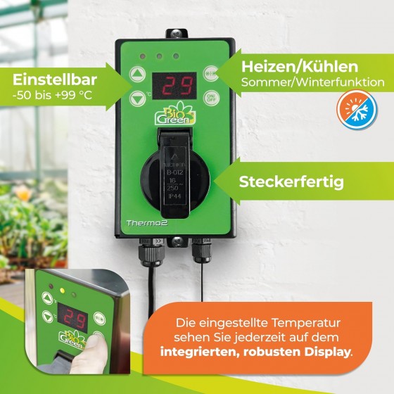 Vytápění skleníku BioGreen Thermo2 Digital, samostatný Termostat max. 3000 W, sepnutí přístroje od -50~99 °C