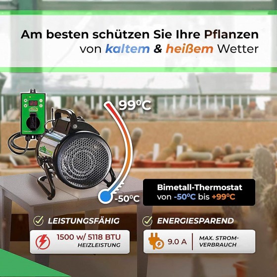 Vytápění skleníku BioGreen Palma 2000 W, nerezové provedení + Digitální termostat až 3000 W k regulaci