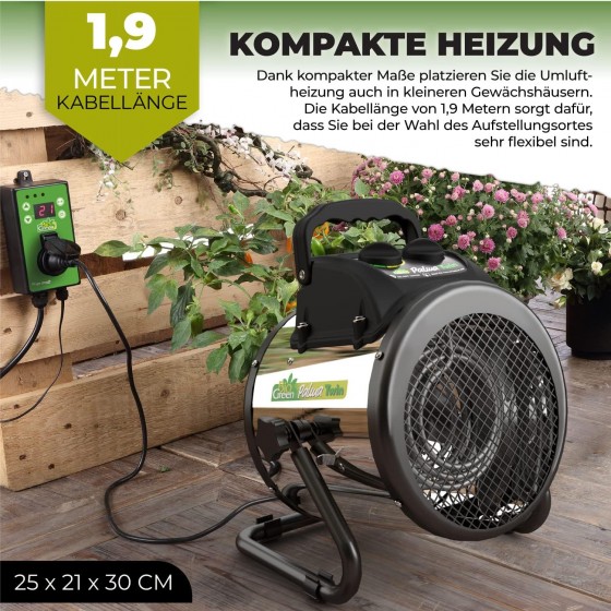 Vytápění skleníku BioGreen Palma Twin s digitálním termostatem, nerezový ventilátor, cirkulace 163 m3/h.